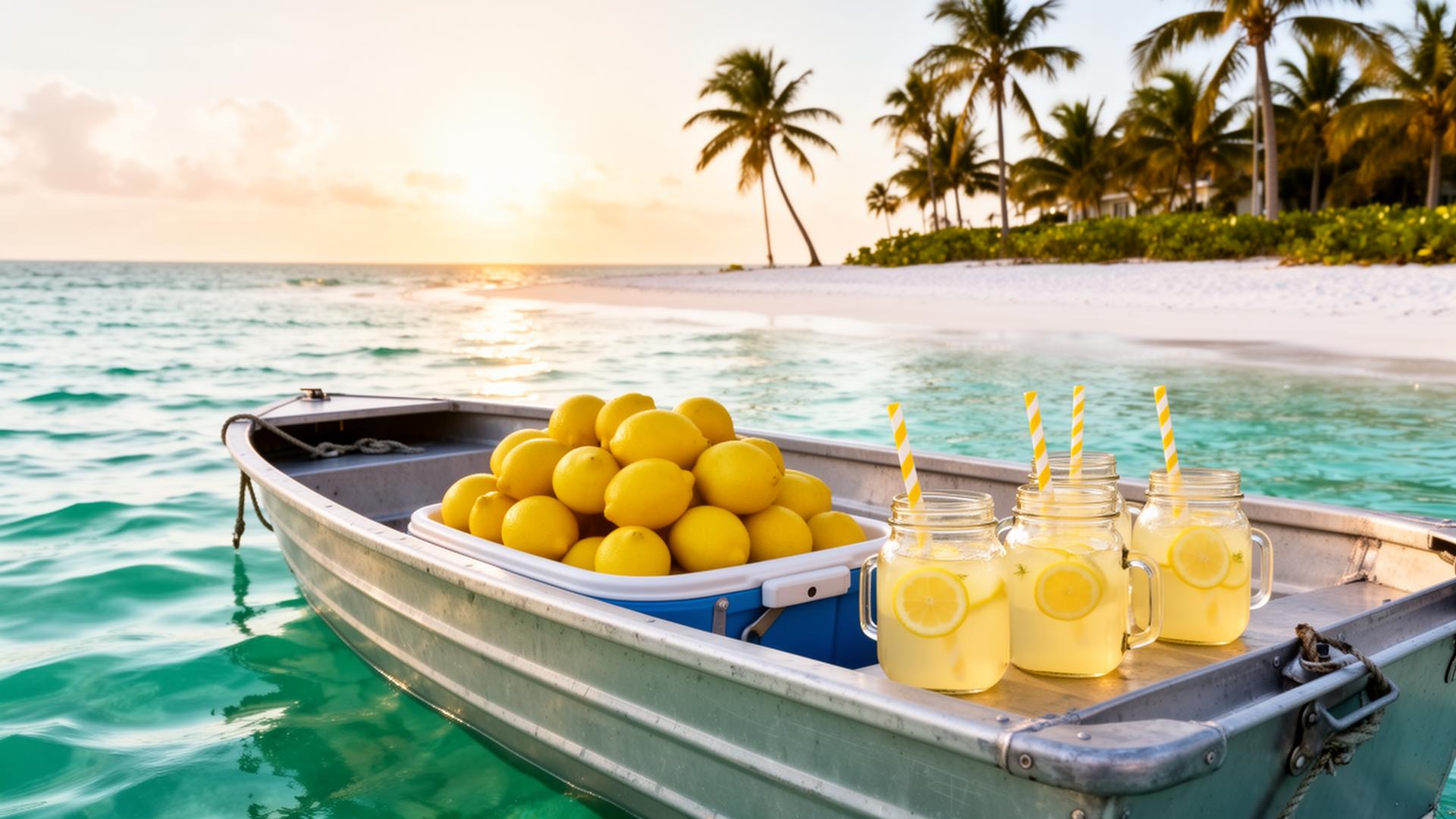 A jon boat loaded with prepackaged lemonade anchored off a turquoise St. Petersburg shoreline at golden hour